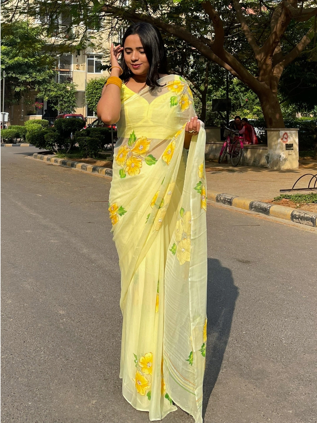 Gudhal ka Phool- Yellow Pre-Pleated Saree