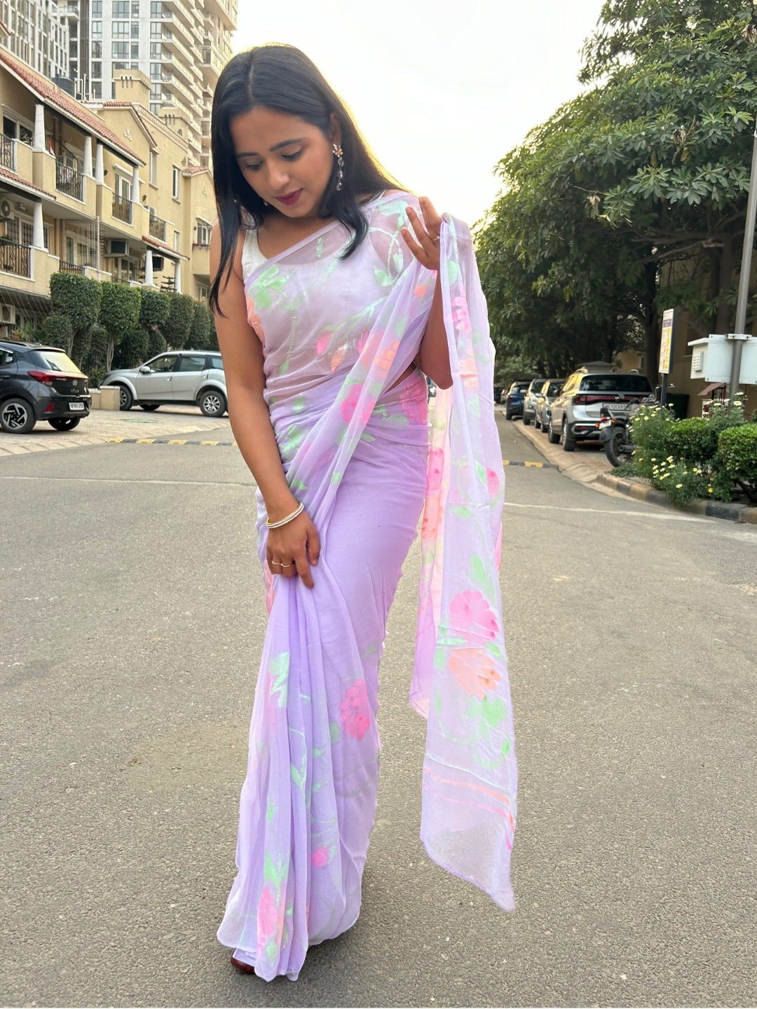 Dress College Pink Saree For Farewell Artsy Hand-painted Chiffon