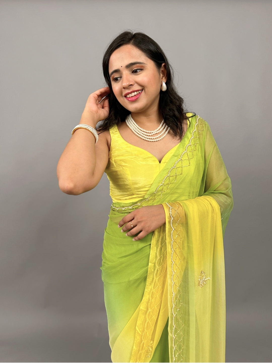 Rani- Shades of Yellow Pre-Pleated Saree