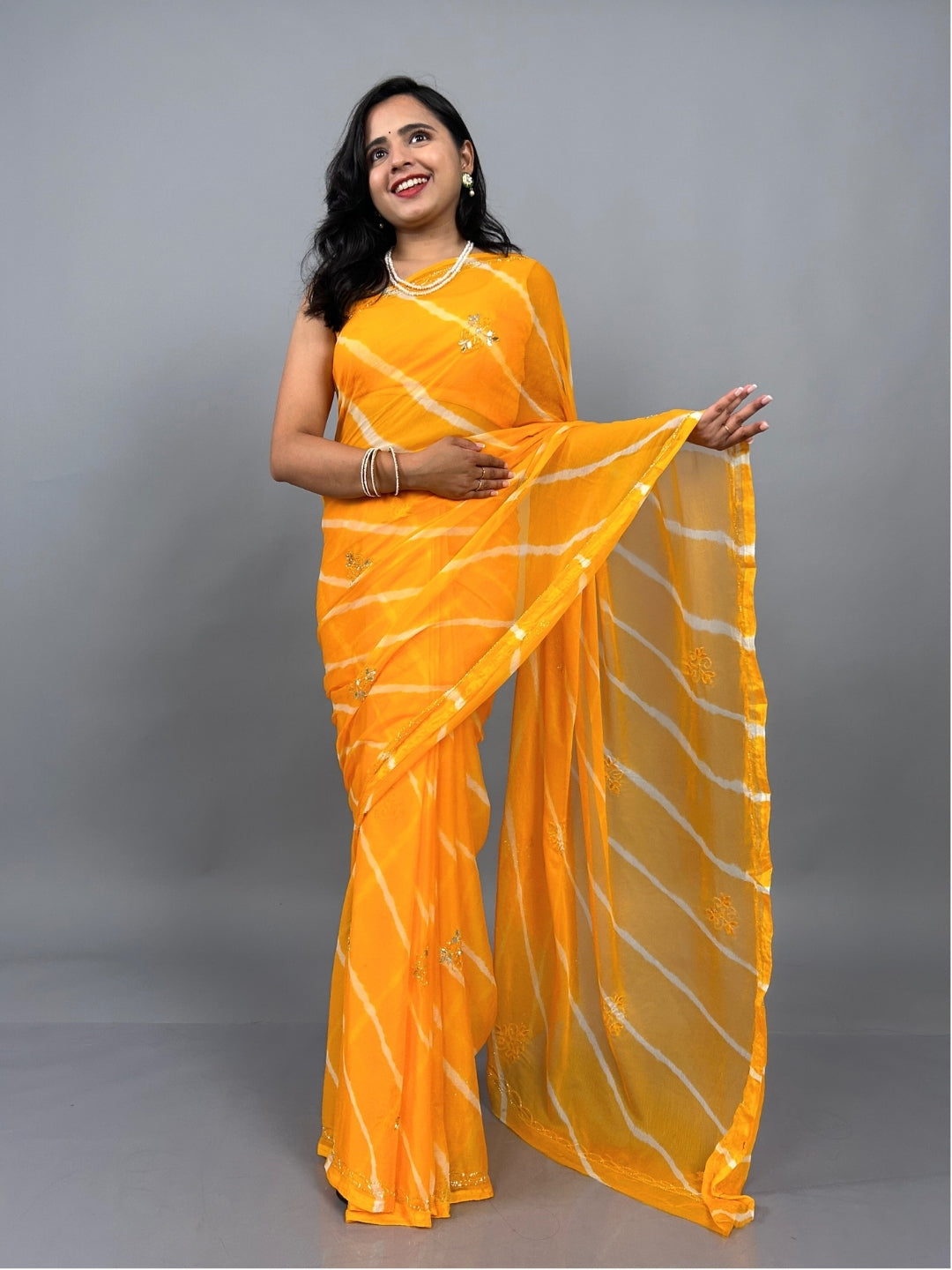 Lahariya- Yellow Pre-Pleated Saree
