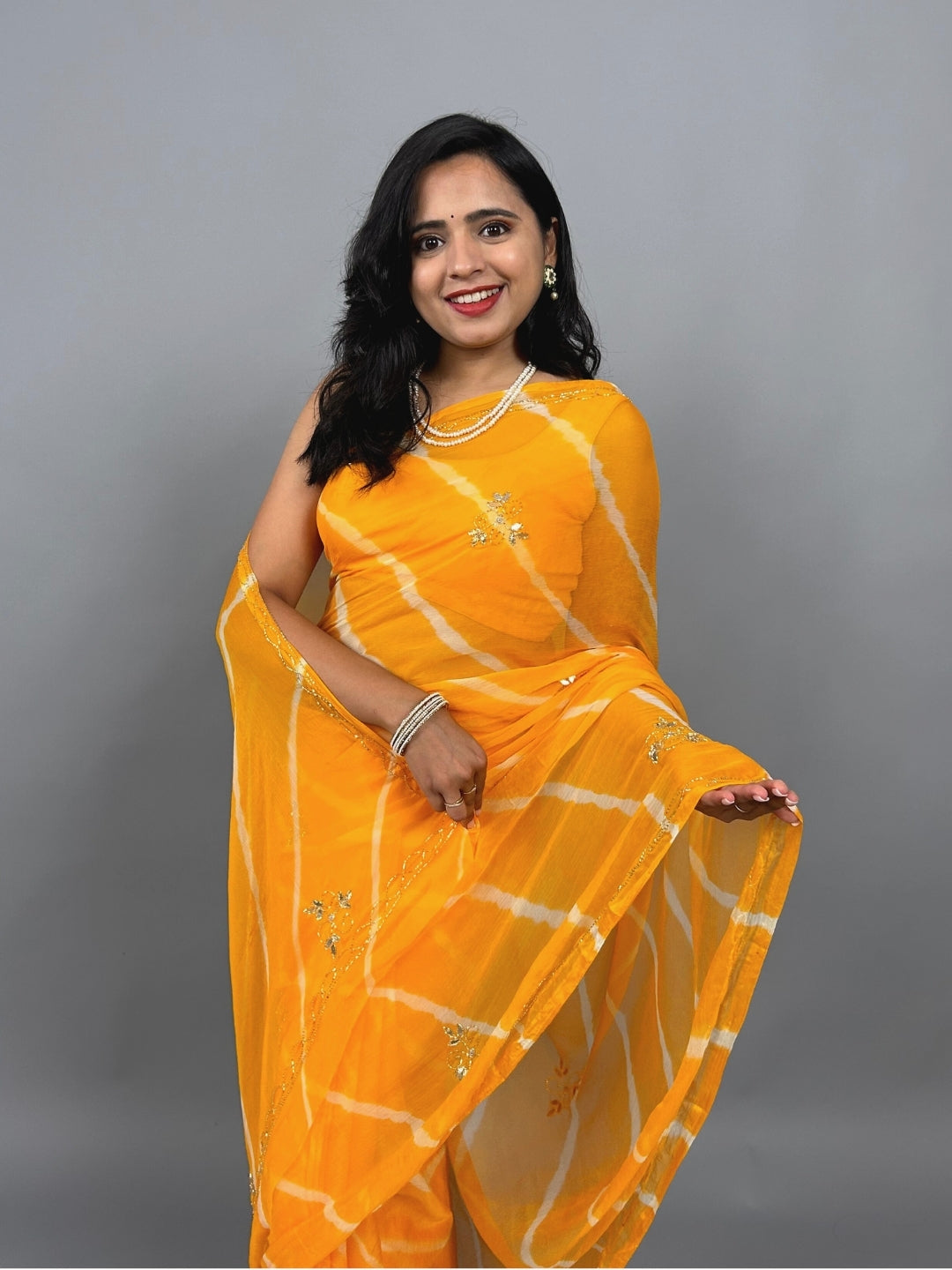 Lahariya- Yellow Pre-Pleated Saree