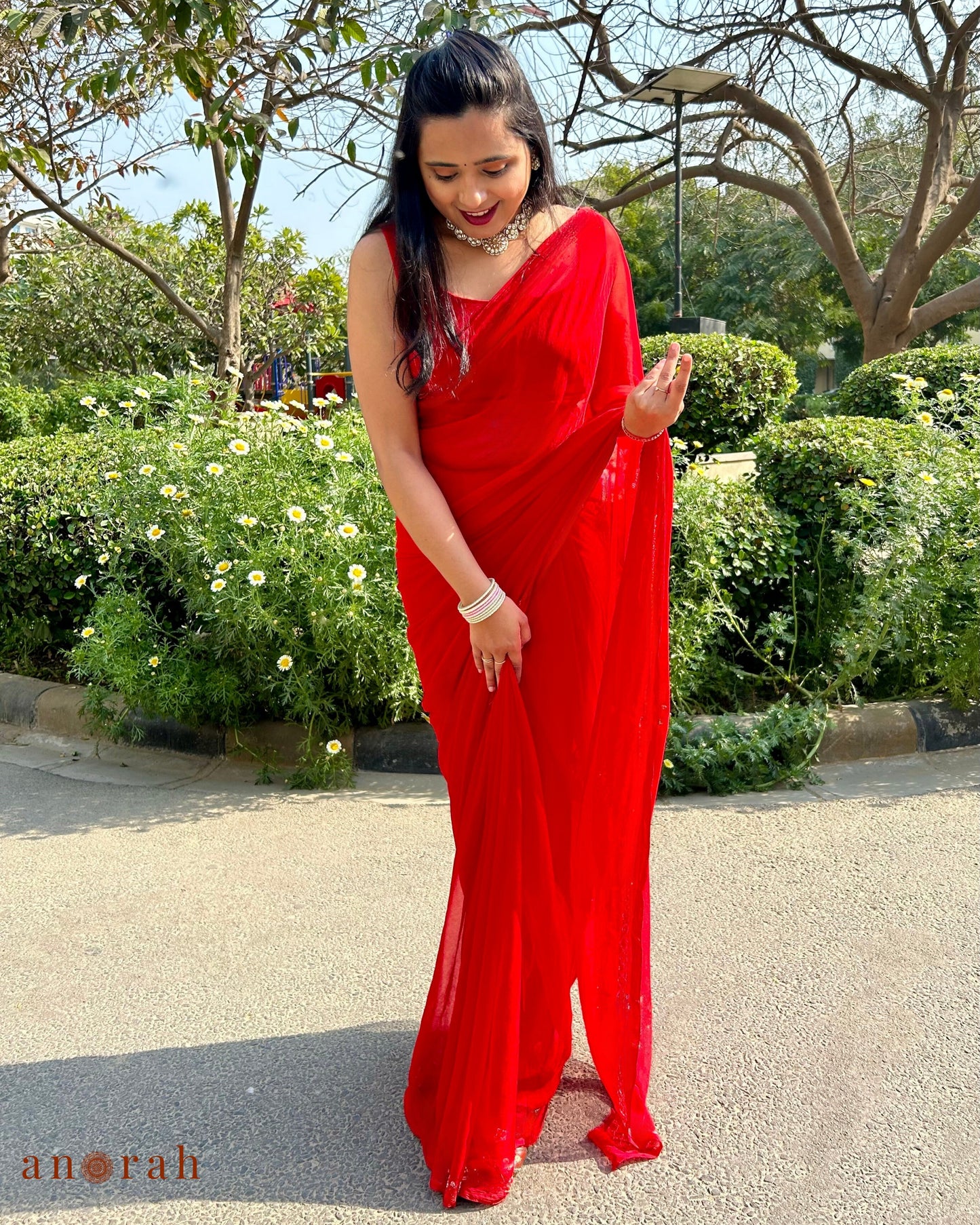 Plain Red Chiffon Saree