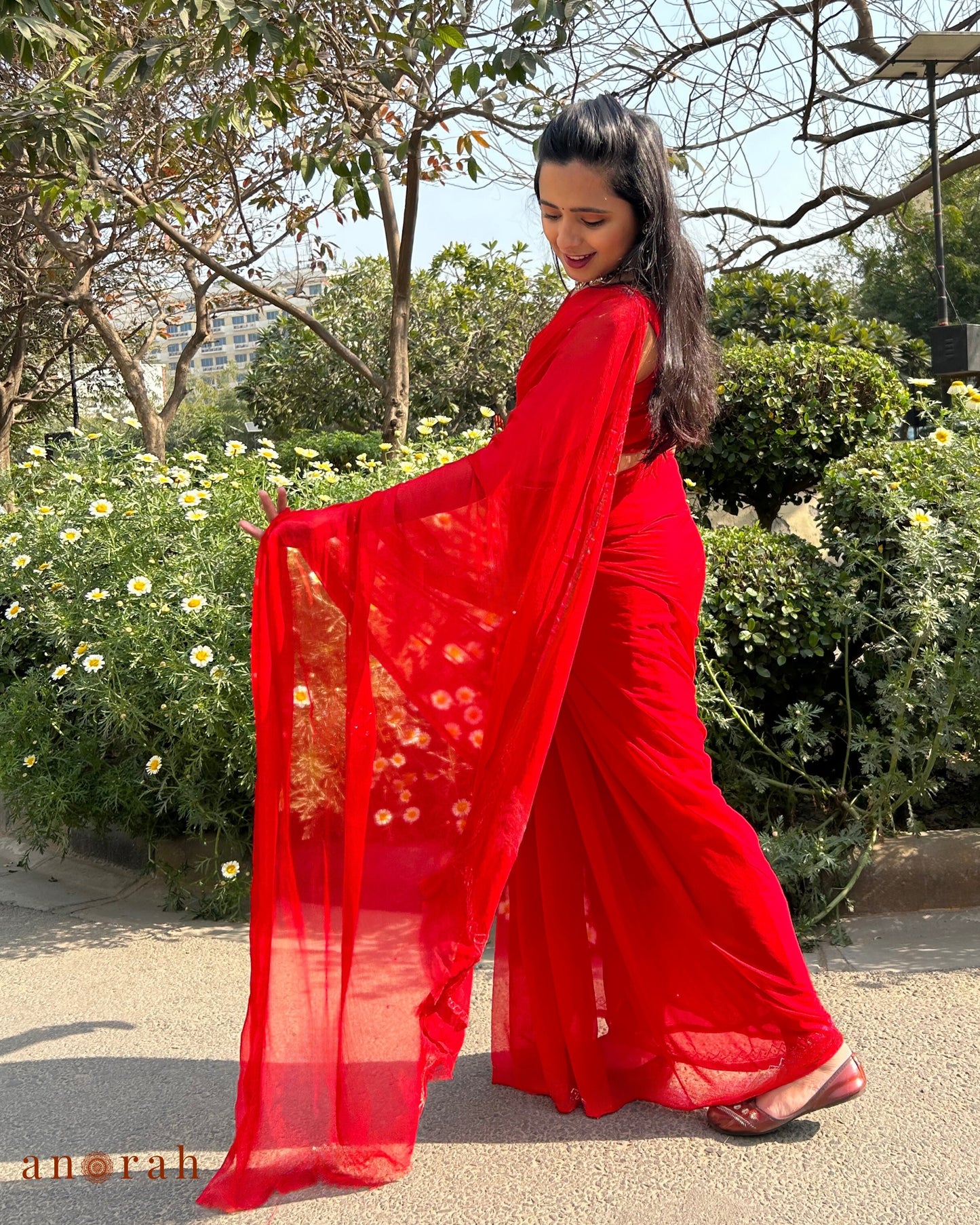 Plain Red Chiffon Saree