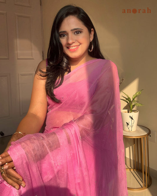 Plain Light Pink Chiffon Saree