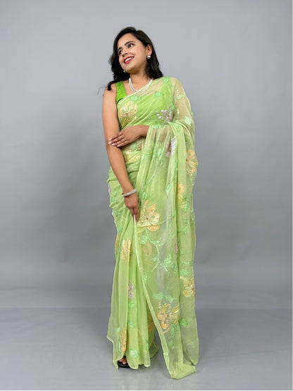 Mrunal- Sage Green Pre-Pleated Saree