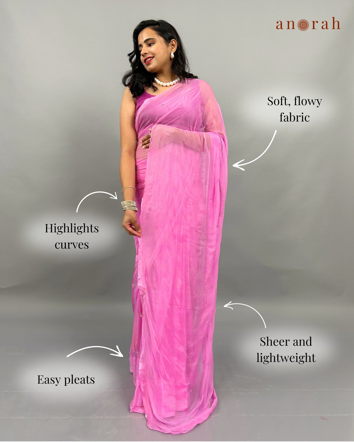 Plain Light Pink Chiffon Saree