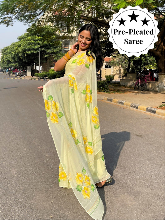 Gudhal ka Phool- Yellow Pre-Pleated Saree