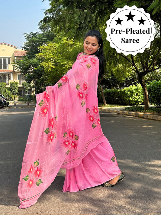 Gudhal ka Phool - Rosy Pink Pre-Pleated Saree