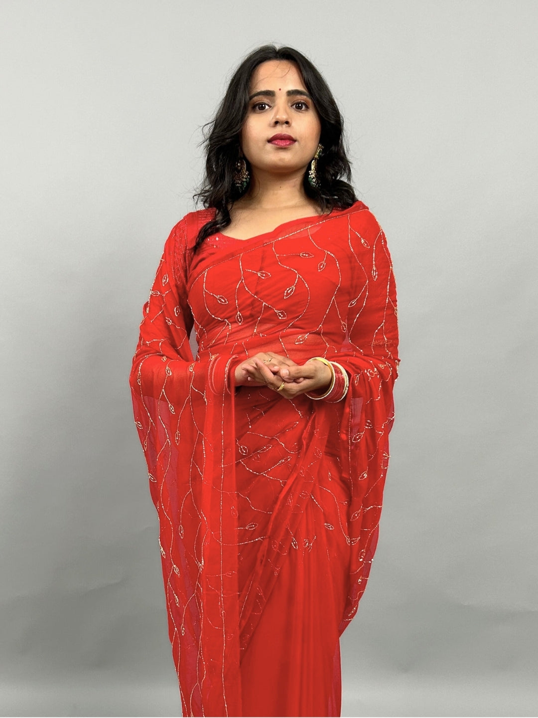 Raina- Scarlet Red Pre-Pleated Saree