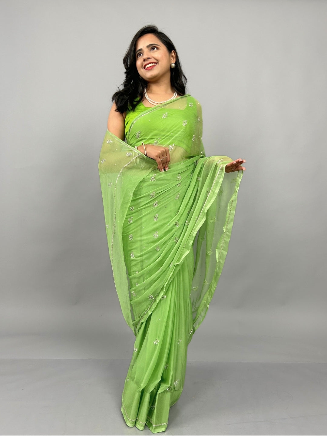 Sitaron ki Mehfil- Sage Green Pre-Pleated Saree