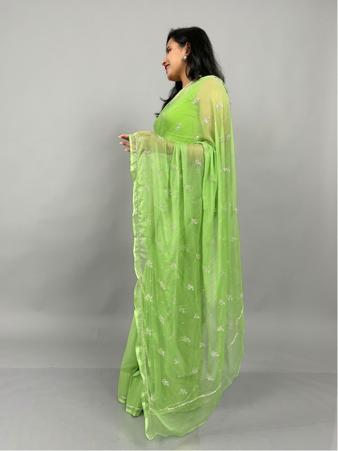 Sitaron ki Mehfil- Sage Green Pre-Pleated Saree