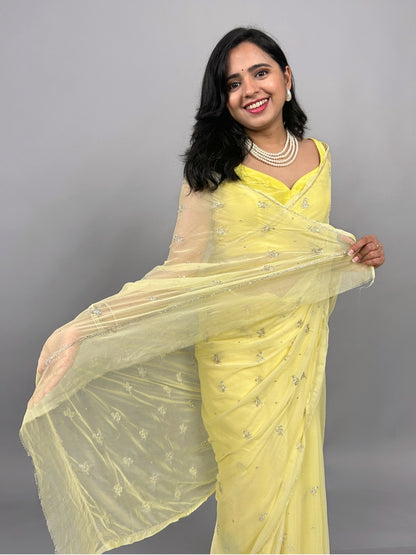 Sitaron ki Mehfil- Lemon Yellow Pre-Pleated Saree