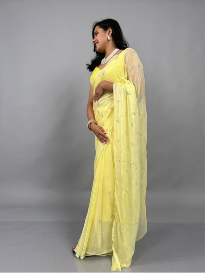 Sitaron ki Mehfil- Lemon Yellow Pre-Pleated Saree