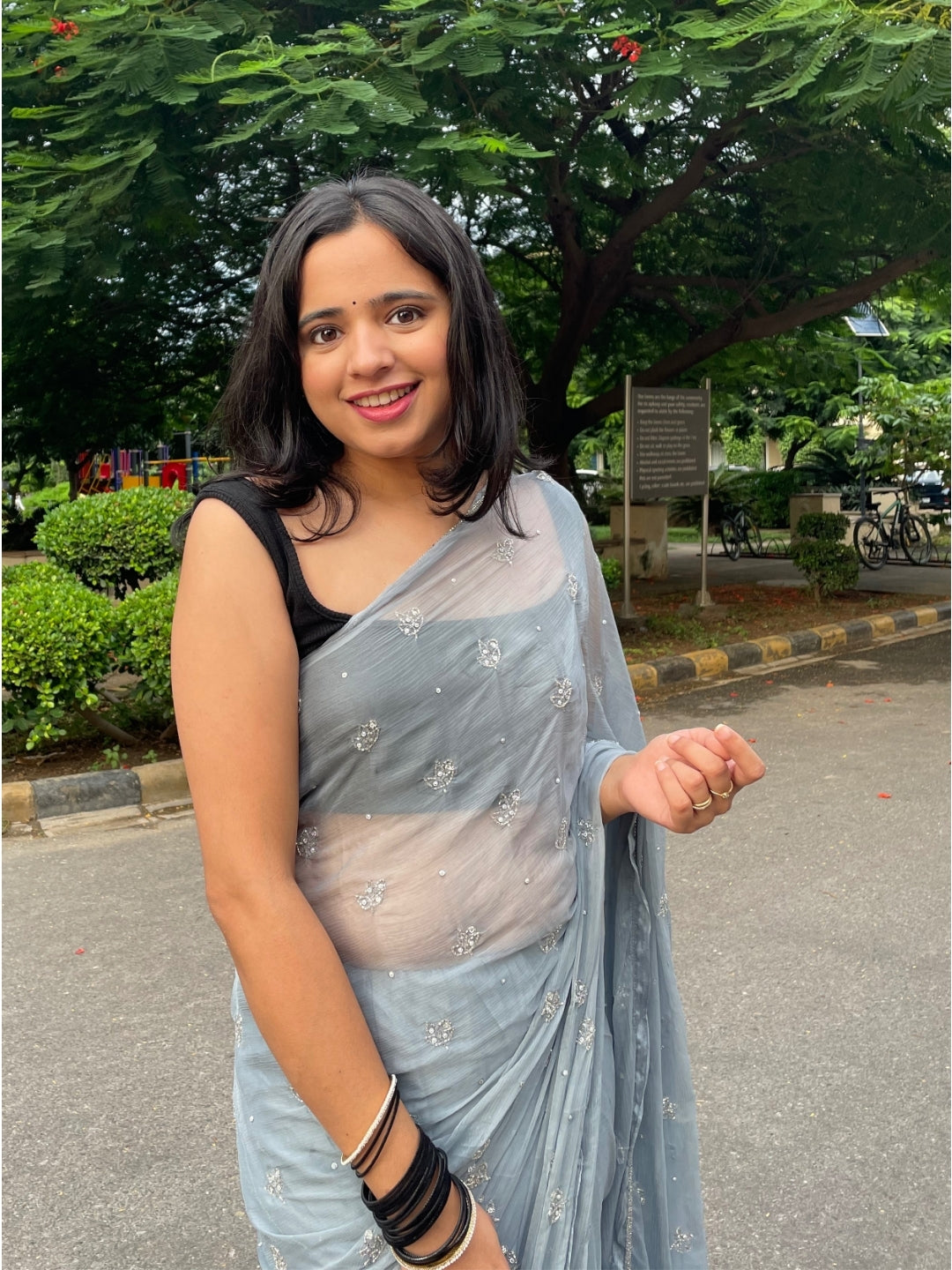 Sitaron ki Mehfil- Grey Pre-Pleated Saree