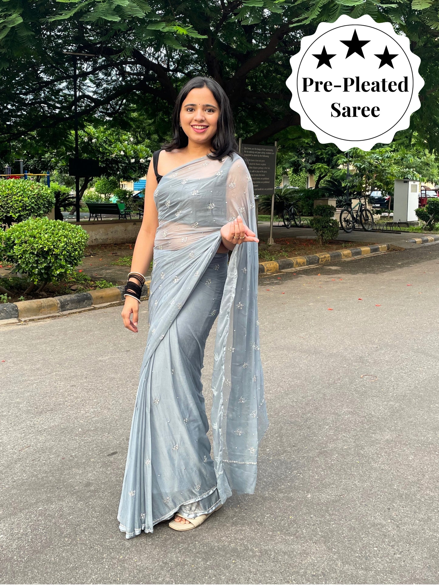 Sitaron ki Mehfil- Grey Pre-Pleated Saree