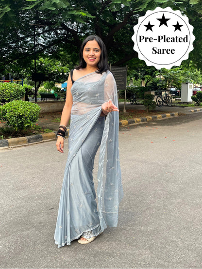 Sitaron ki Mehfil- Grey Pre-Pleated Saree