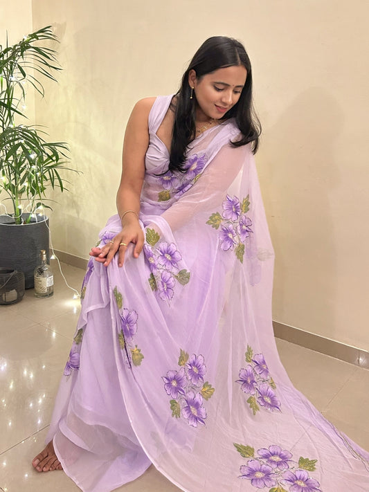 Gudhal ka Phool - Lavender Pre-Pleated Saree