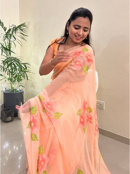 Gudhal ka Phool - Orange Pre-Pleated Saree