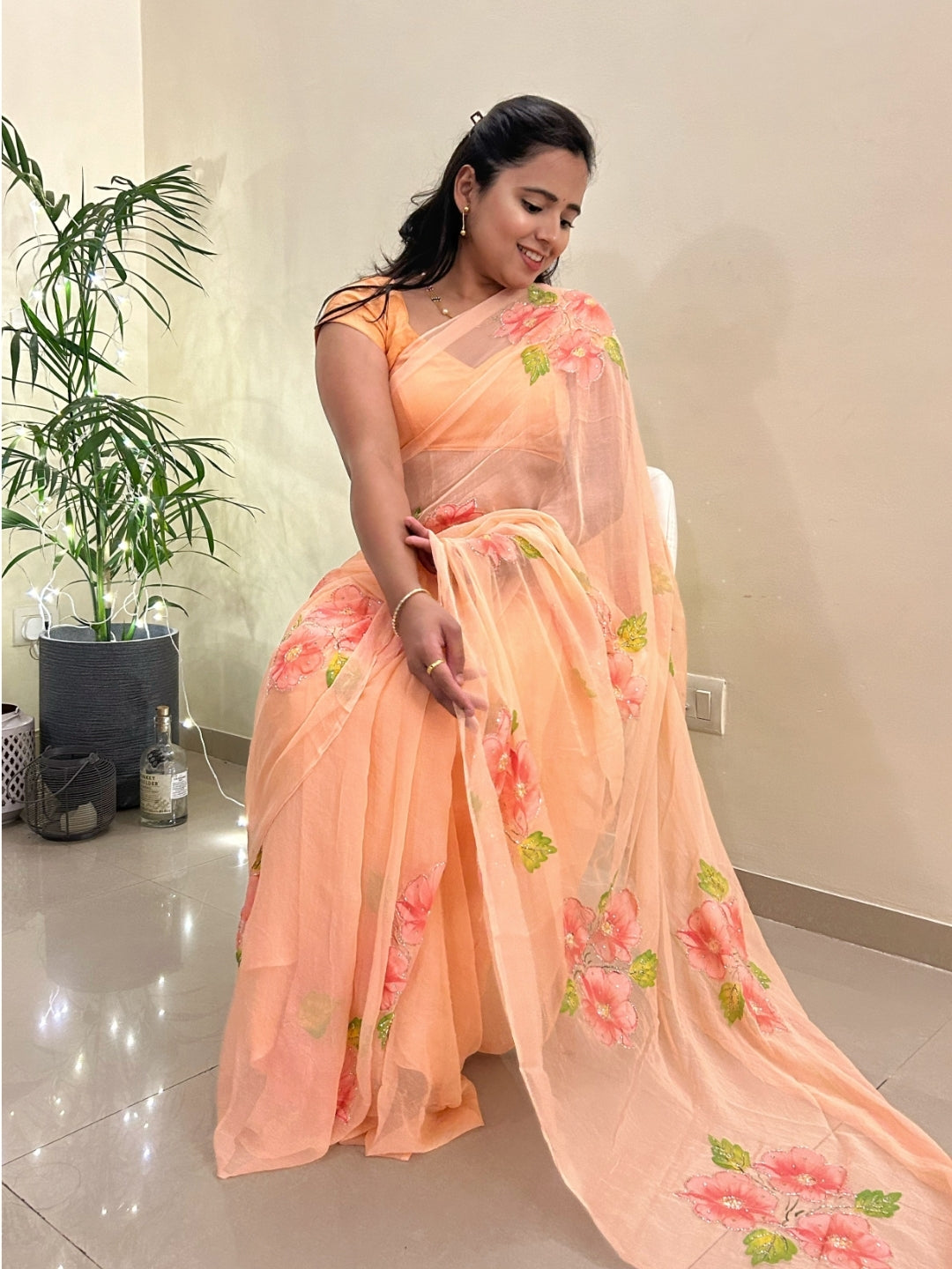 Gudhal ka Phool - Orange Pre-Pleated Saree