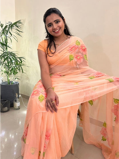 Gudhal ka Phool - Orange Pre-Pleated Saree