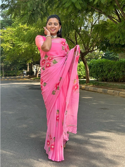 Gudhal ka Phool - Rosy Pink Pre-Pleated Saree