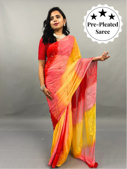 Rani- Yellow and Red Pre-Pleated Saree