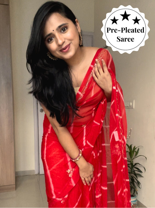 Lahariya- Red Pre-Pleated Saree