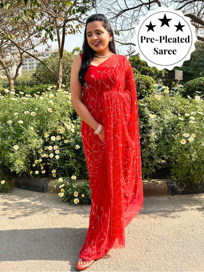 Raina- Scarlet Red Pre-Pleated Saree