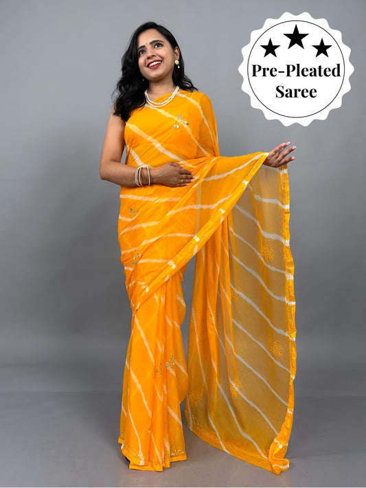 Lahariya- Yellow Pre-Pleated Saree