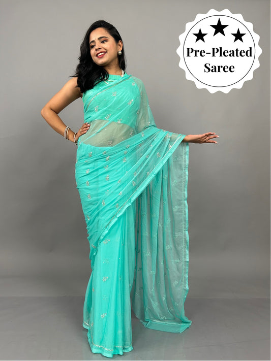 Sitaron ki Mehfil- Teal Pre-Pleated Saree