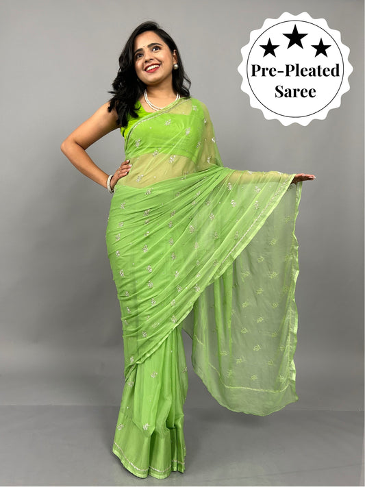 Sitaron ki Mehfil- Sage Green Pre-Pleated Saree