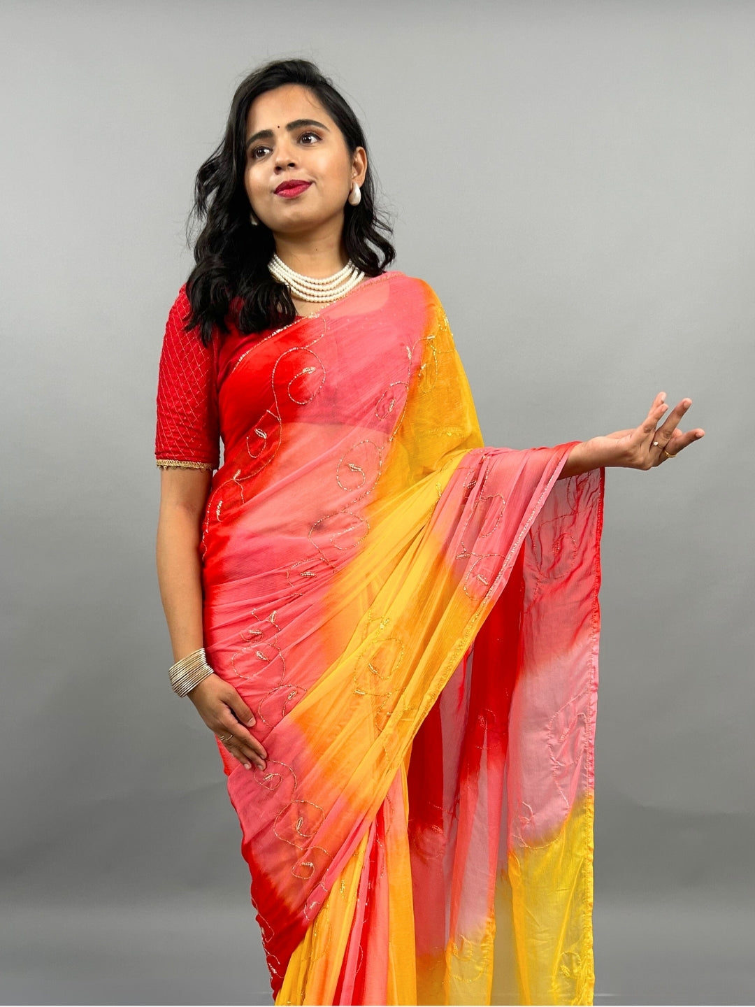 Rani- Yellow and Red Pre-Pleated Saree