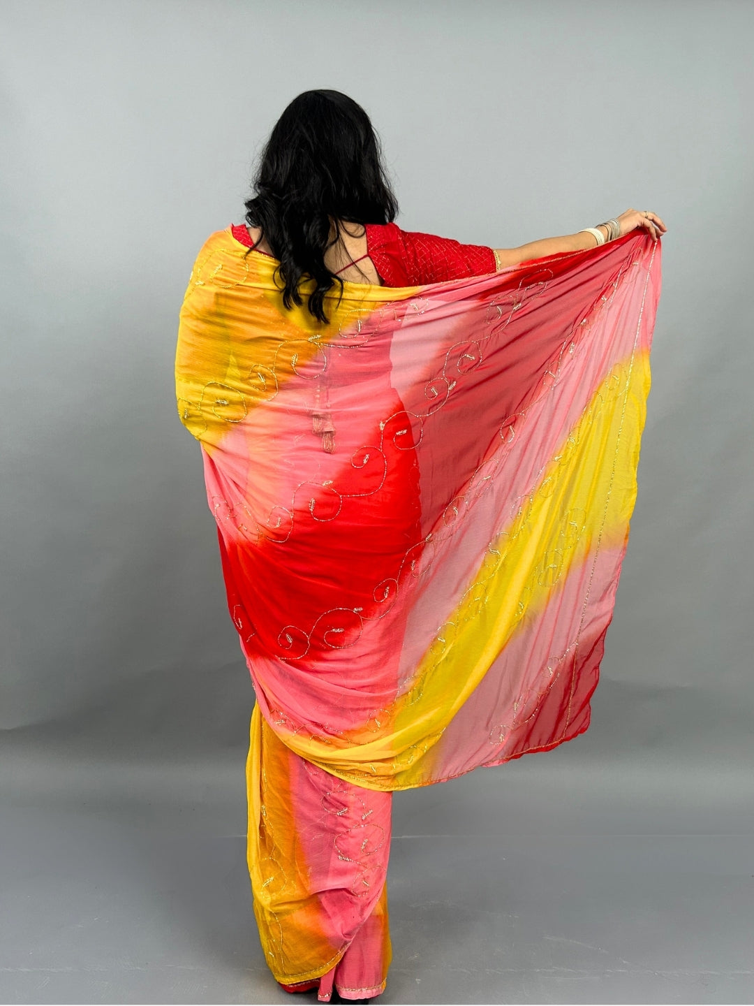 Rani- Yellow and Red Pre-Pleated Saree